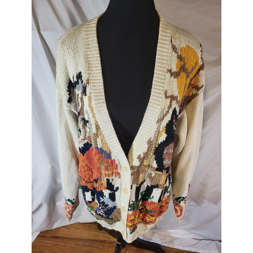 Vtge Crystal Kobe Size Large Halloween Fall Scarecrow Owl Csrdigan Sweater - Picture 1 of 7